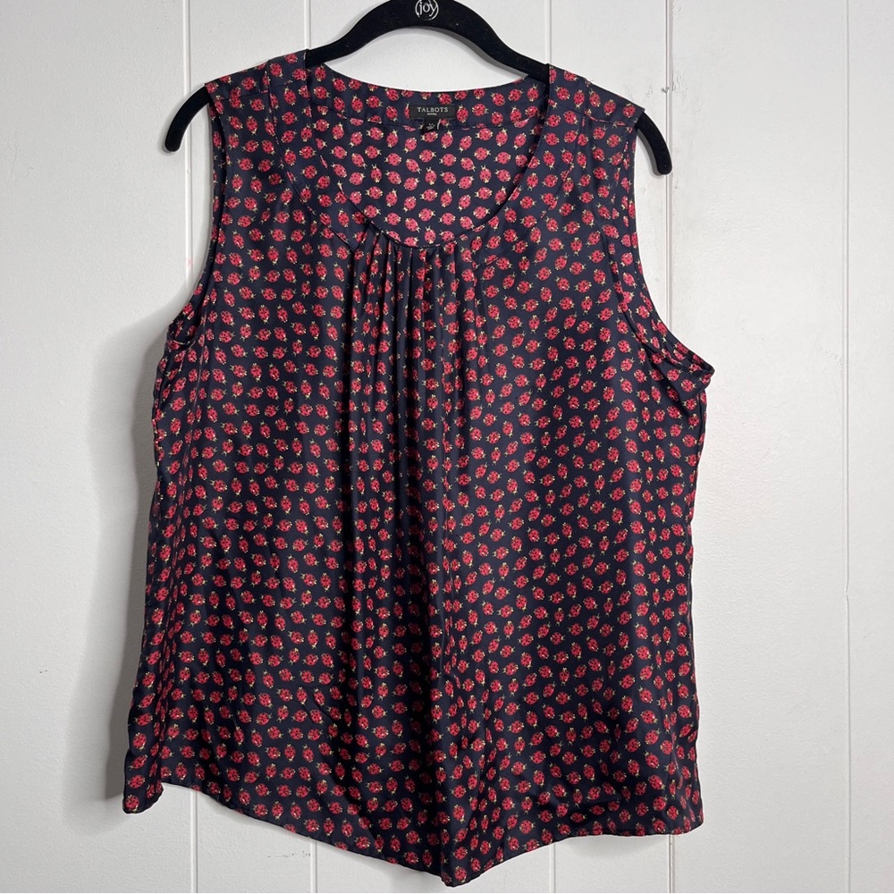 Talbots 100% Silk Woven Sleeveless Top Navy with Ladybug Print